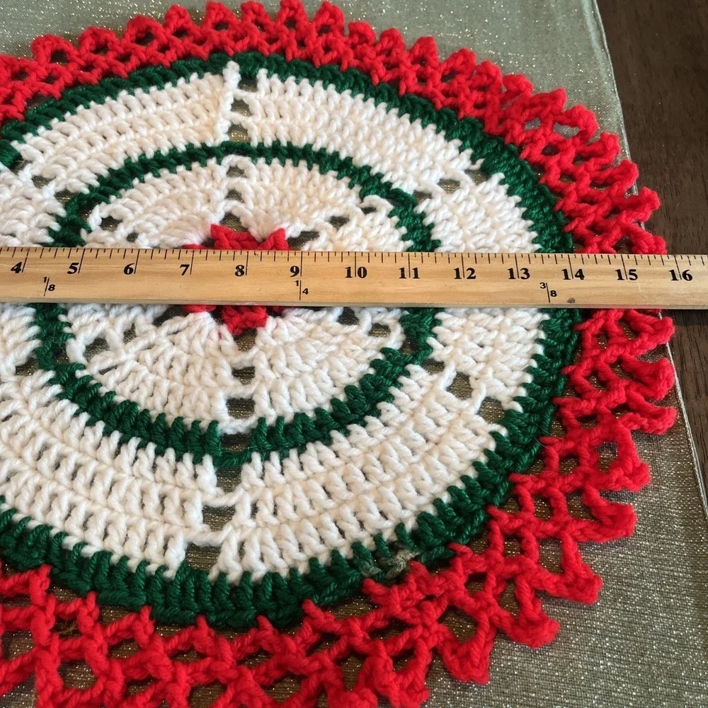 VTG Handmade Crochet Christmas Doily Flower Potholder Red Green White 16inch